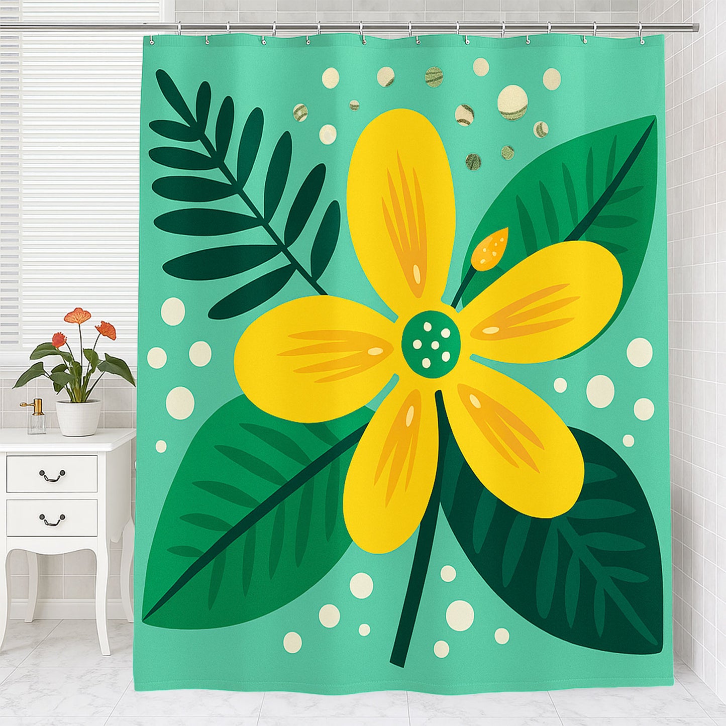 Feblilac Yellow Flower Green Background Shower Curtain with Hook