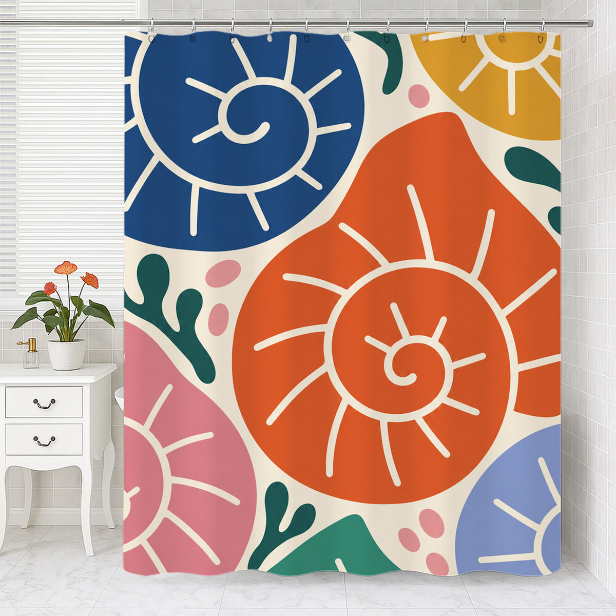 Feblilac Coastal Seashell shower curtain with a bathtub and folded towels
