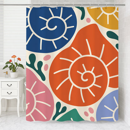 Feblilac Coastal Seashell shower curtain with a bathtub and folded towels