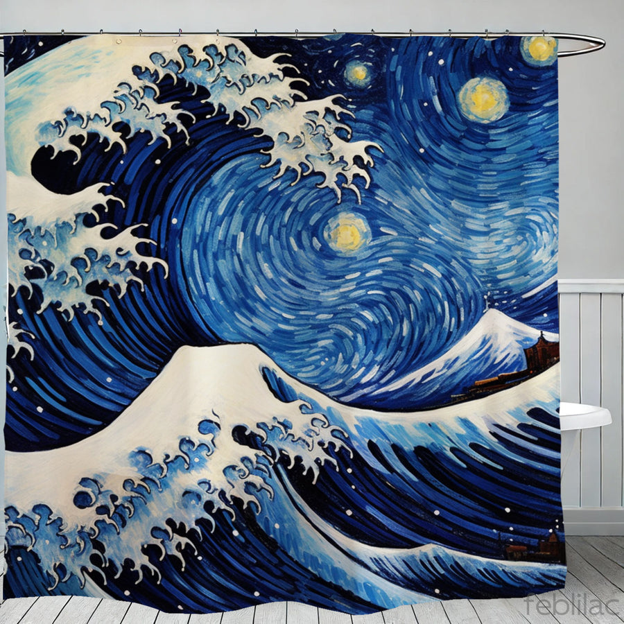 Feblilac Ukiyoe Sea Waves Starry Sky Shower Curtain with Hook - view 2