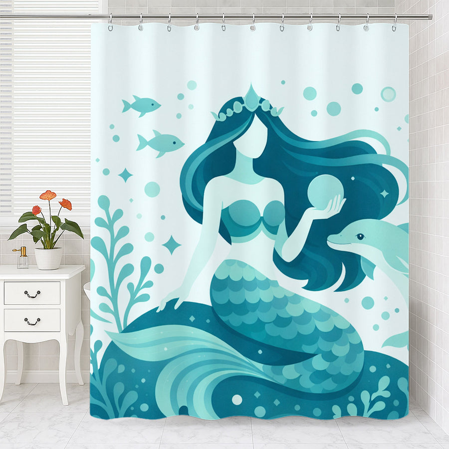 Feblilac Product Title Teal Mermaid Shower Curtain, Ocean Dolphin Bathroom Curtain - view 2