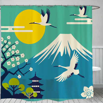 Feblilac Mount Fuji Crane Shower Curtain with Hooks