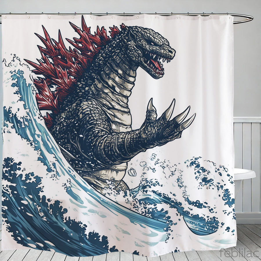 Feblilac Japanese Wave Monster Shower Curtain with Hook - view 2
