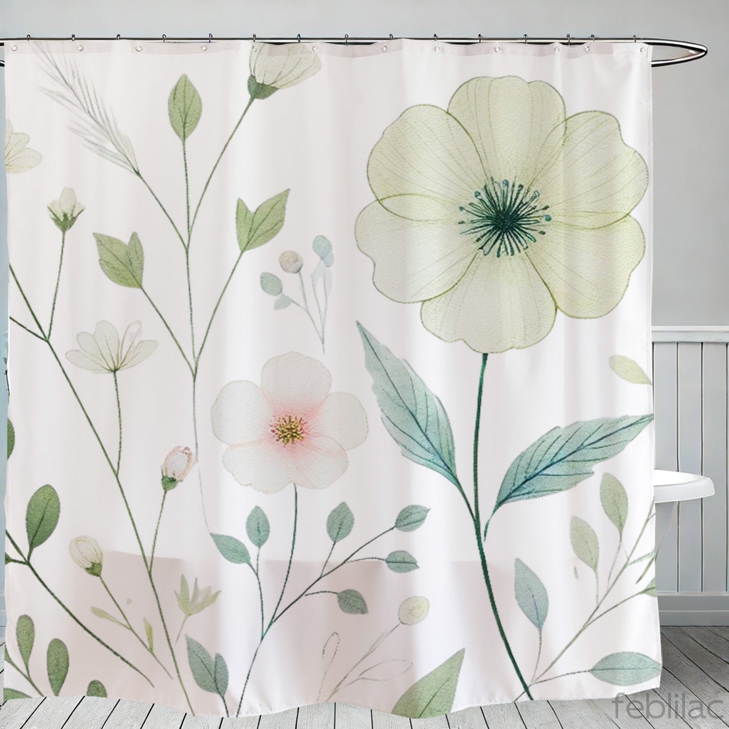 Feblilac Watercolor Flowers and Leaves Shower Curtain with Hooks