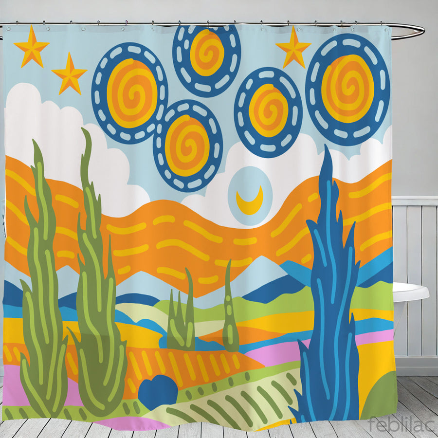 Feblilac Van Gogh Wheat Field Starry Sky Shower Curtain with Hook - view 2