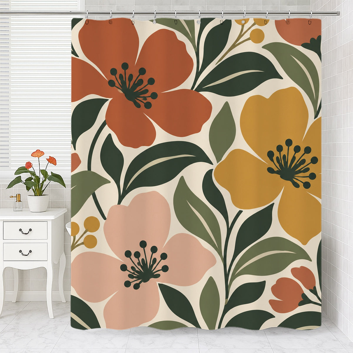 Feblilac Yellow Bloom shower curtain with a bathtub and folded towels