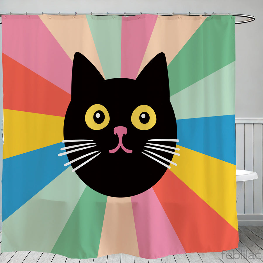 Feblilac Black Cat Colorful Stripes Shower Curtain with Hook - view 2