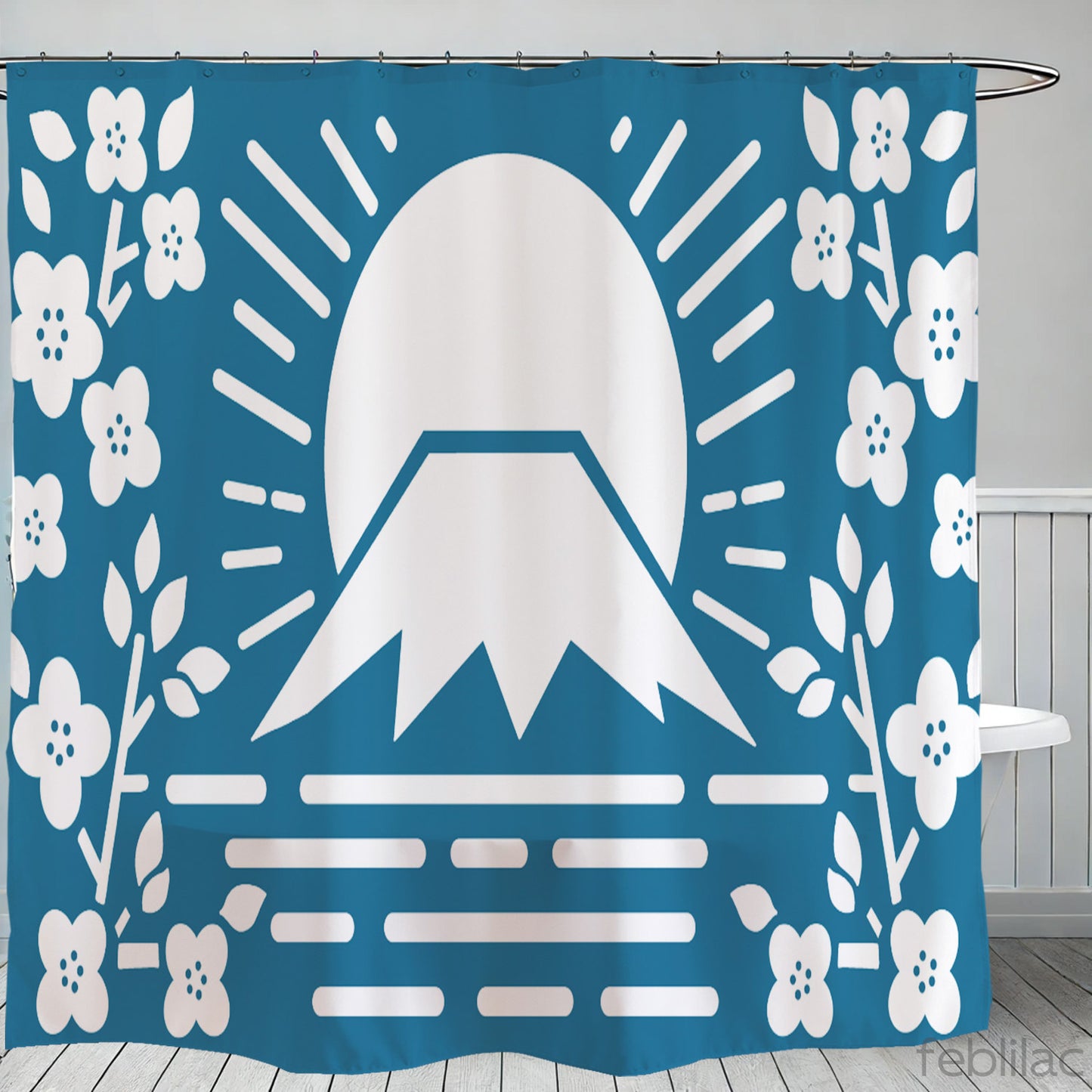 Feblilac Simple Blue Background Mt. Fuji Cherry Blossoms Shower Curtain with Hooks