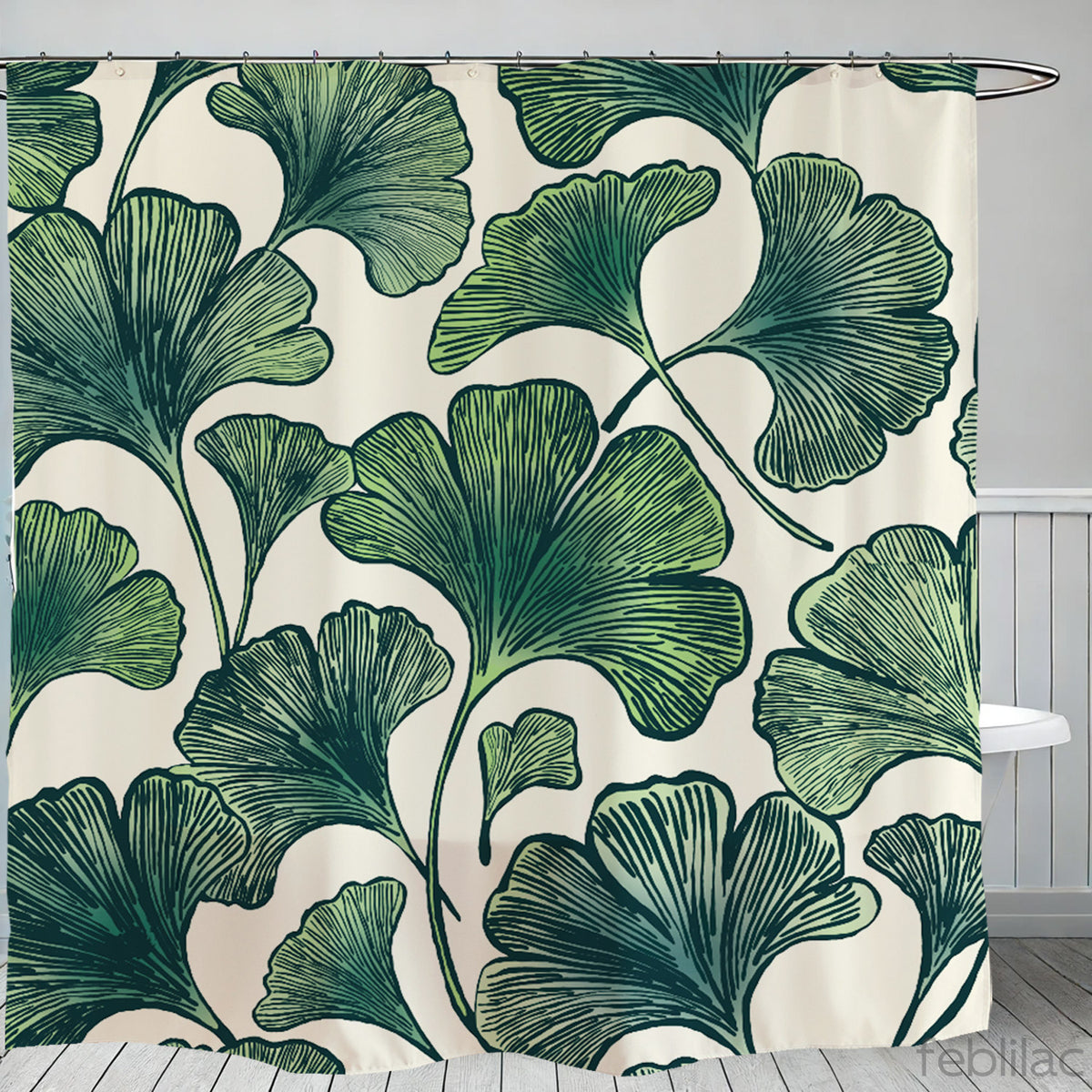 Feblilac Ginkgo Leaf Pattern shower curtain with a bathtub and folded towels