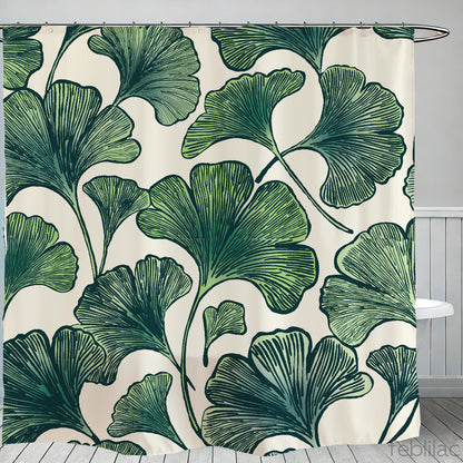 Feblilac Ginkgo Leaf Pattern shower curtain with a bathtub and folded towels
