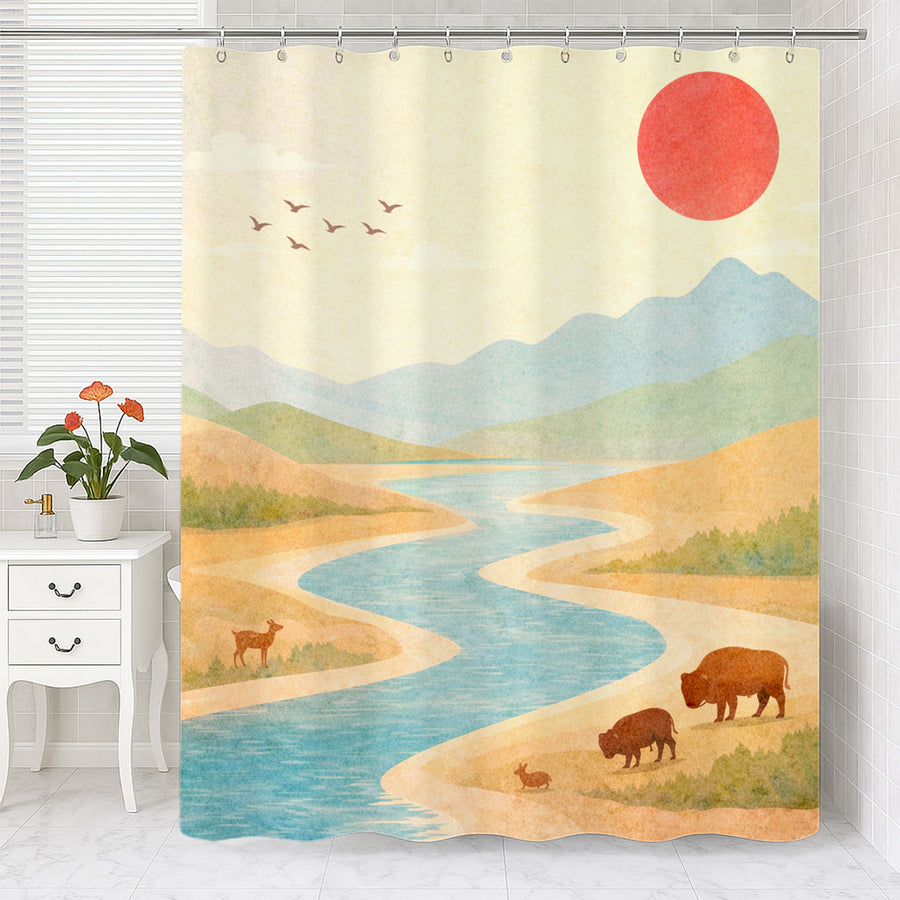 Feblilac Watercolor Mountain River Shower Curtain with Sun and Wildlife Landscape - view 2