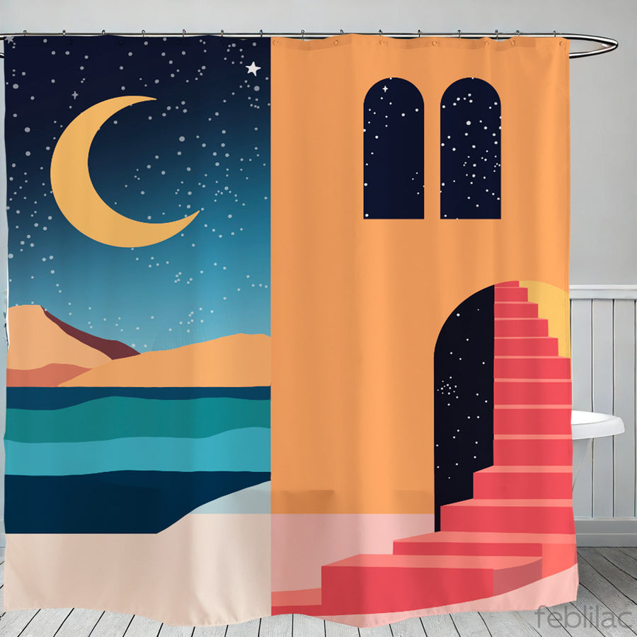 Feblilac Simple Style House Mountains Shower Curtain with Hook - view 2