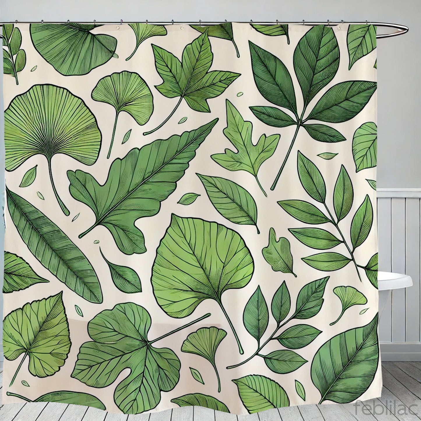 Feblilac Repeating Green Leaf Pattern Shower Curtain with Hooks