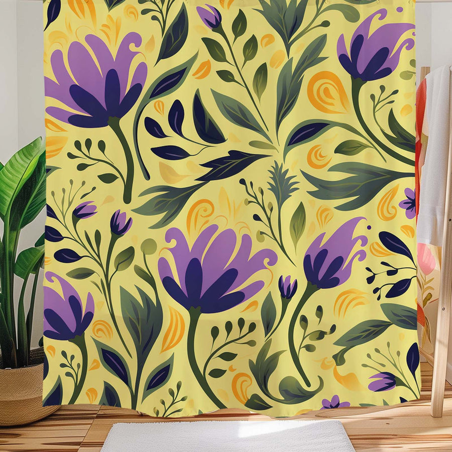 Feblilac Purple Flower Yellow Background Shower Curtain with Hook - view 2