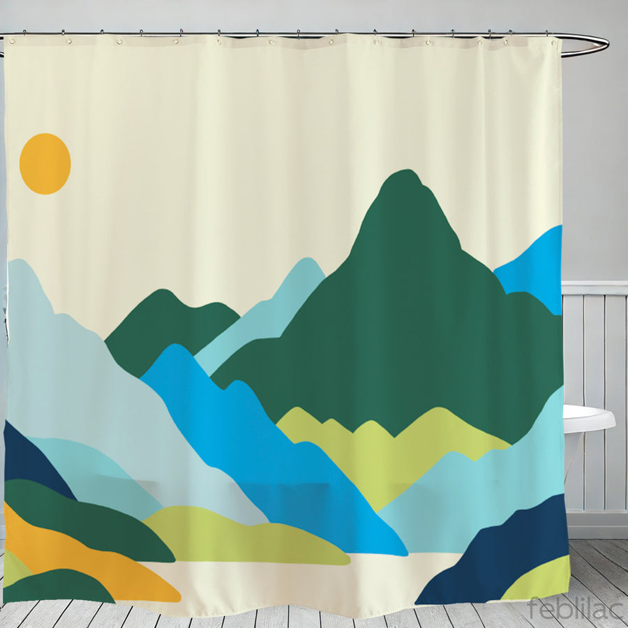 Feblilac Green Orange Mountains Sun Shower Curtain with Hook - view 2