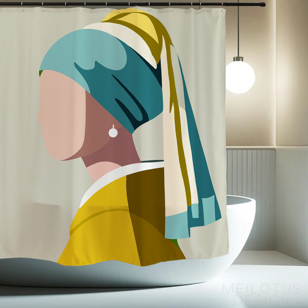 Feblilac Girl with a Pearl Earring shower curtain with a bathtub and folded towels