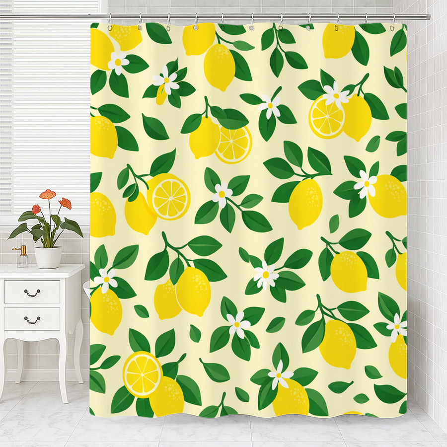 Feblilac Lemon Floral Shower Curtain, Yellow Citrus Fruit Shower Curtain with Green Leaves - view 2