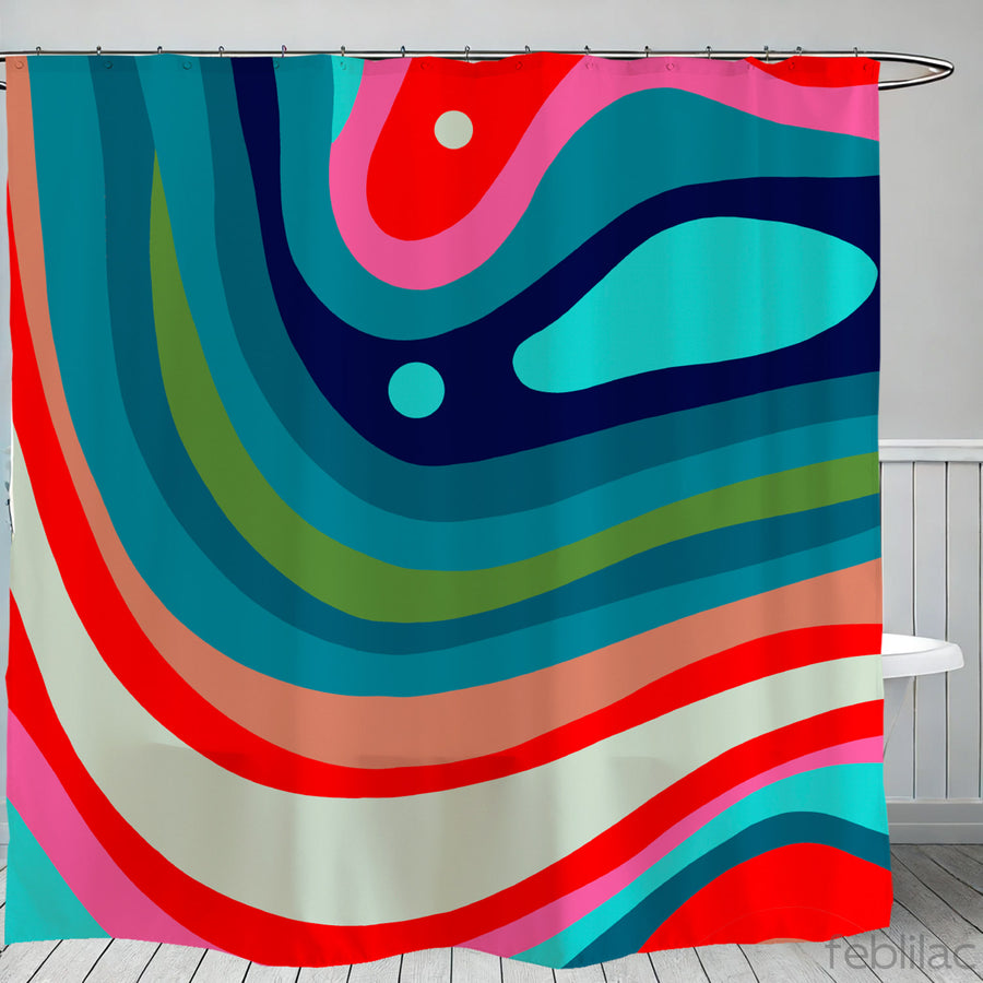 Feblilac Blue Orange Green Curve Texture Shower Curtain with Hook - view 2