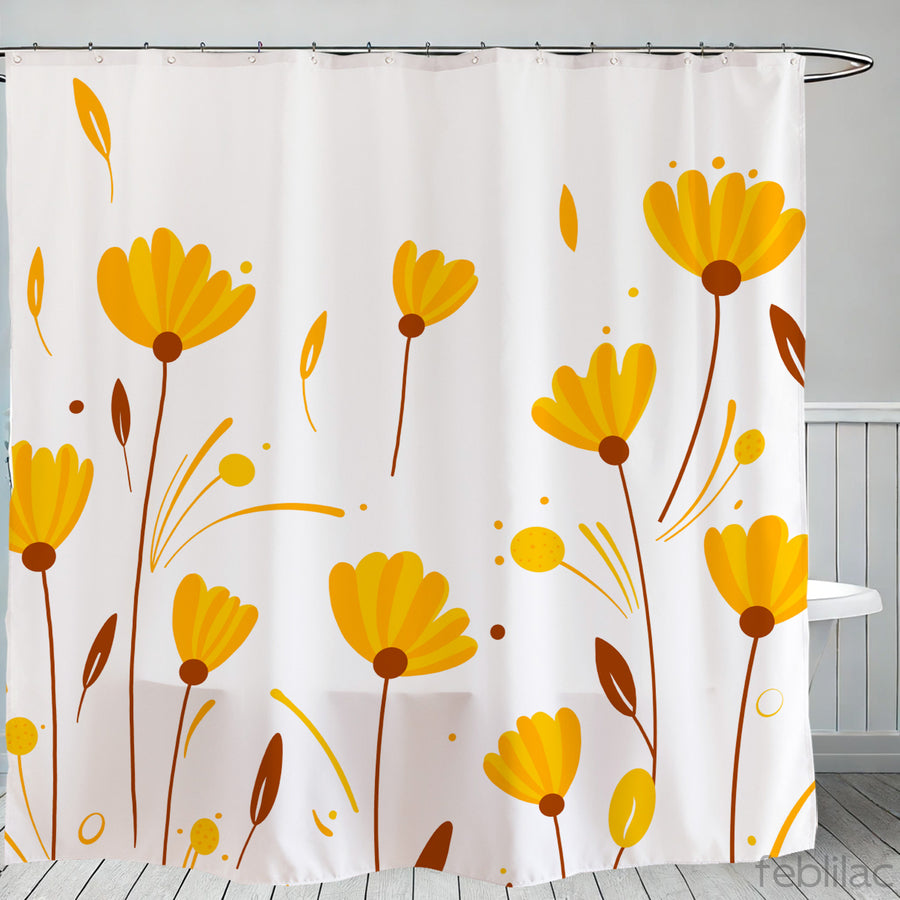 Feblilac Hand Painted Flowers Leaves Orange Yellow Shower Curtain with Hook - view 2