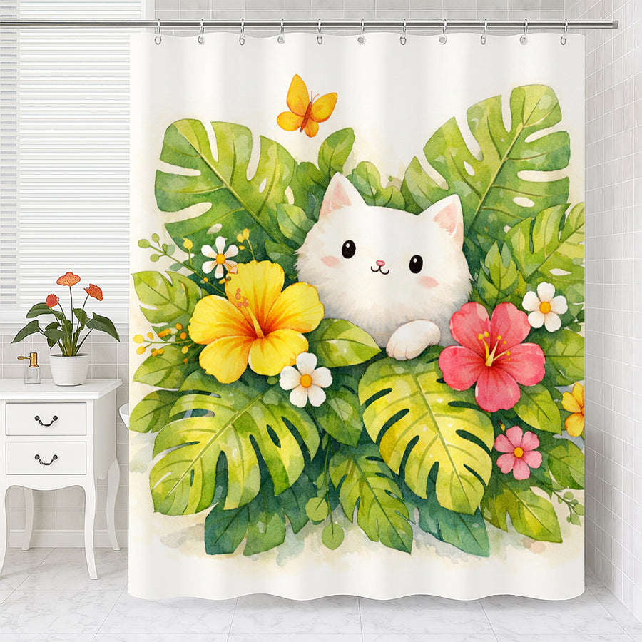 Feblilac Cute White Cat Tropical Leaves Shower Curtain, Watercolor Kitten Floral Bathroom Curtain - view 2