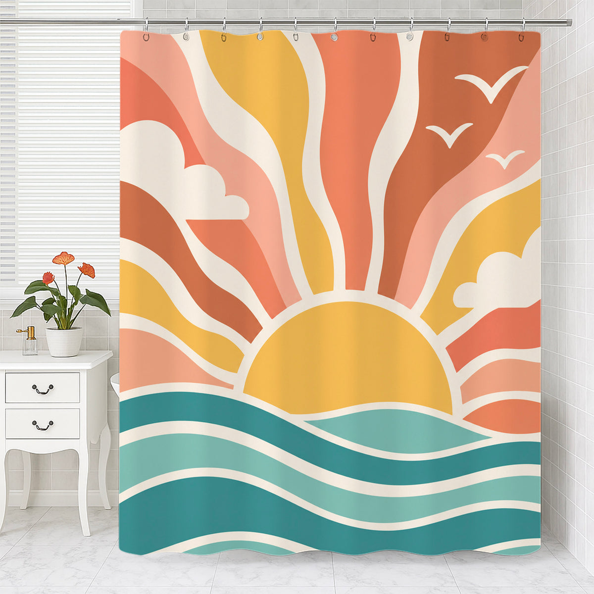 Feblilac Hello Sunshine shower curtain with a bathtub and folded towels