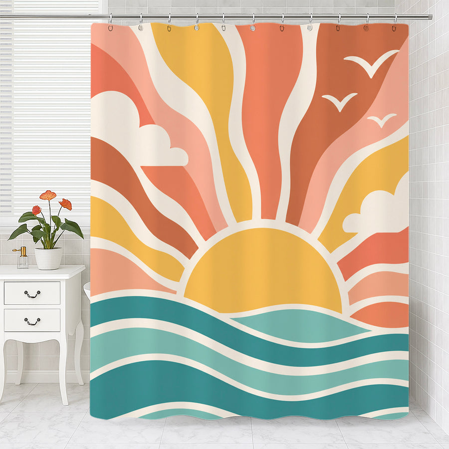 Feblilac Hello Sunshine shower curtain with a bathtub and folded towels