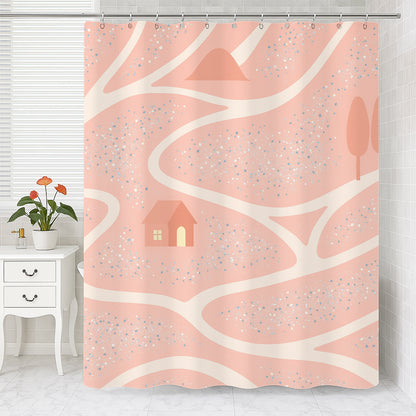 Feblilac Pink Spring Home shower curtain with a bathtub and folded towels