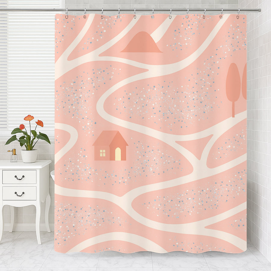 Feblilac Pink Spring Home shower curtain with a bathtub and folded towels