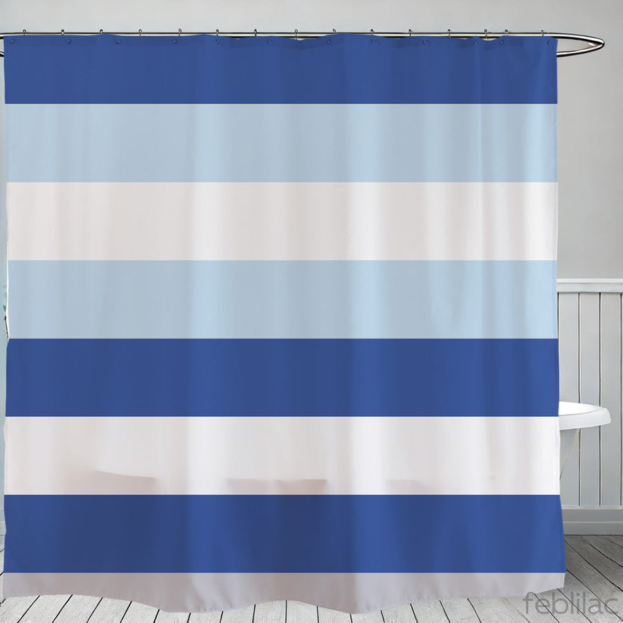 Feblilac Blue and White Stripes Shower Curtain with Hook - view 2