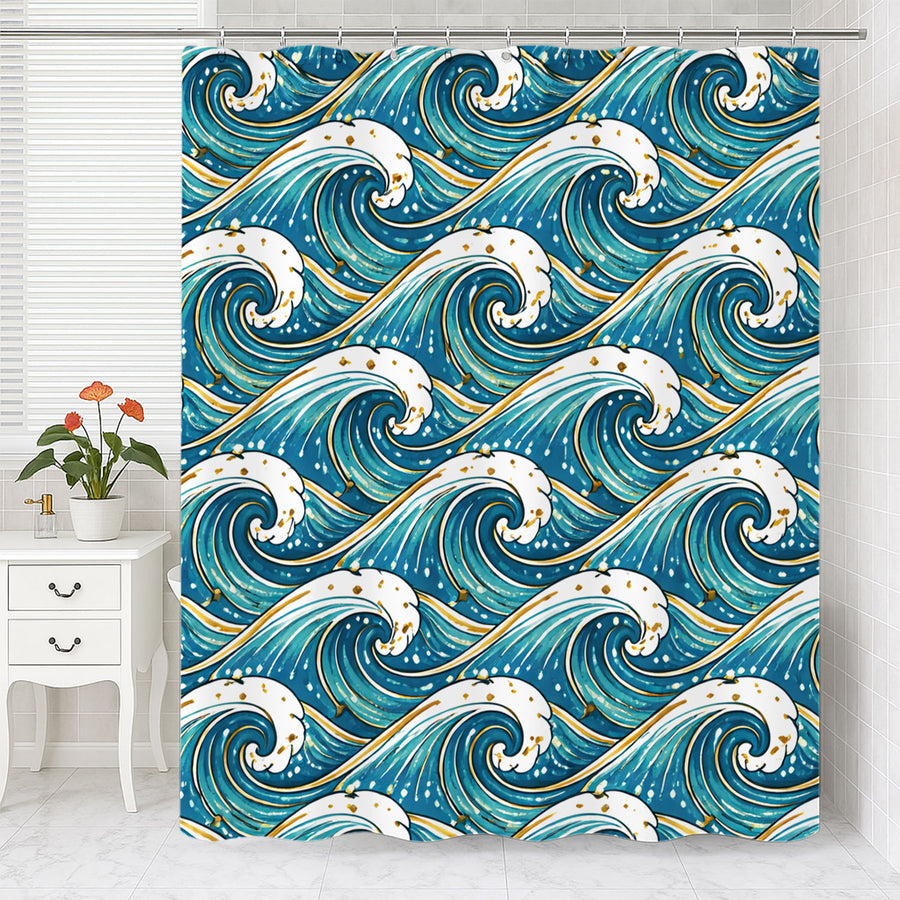 Feblilac Ocean Wave Shower Curtain, Teal Blue Japanese Wave Bathroom Curtain, Coastal Art Waterproof Polyester - view 2