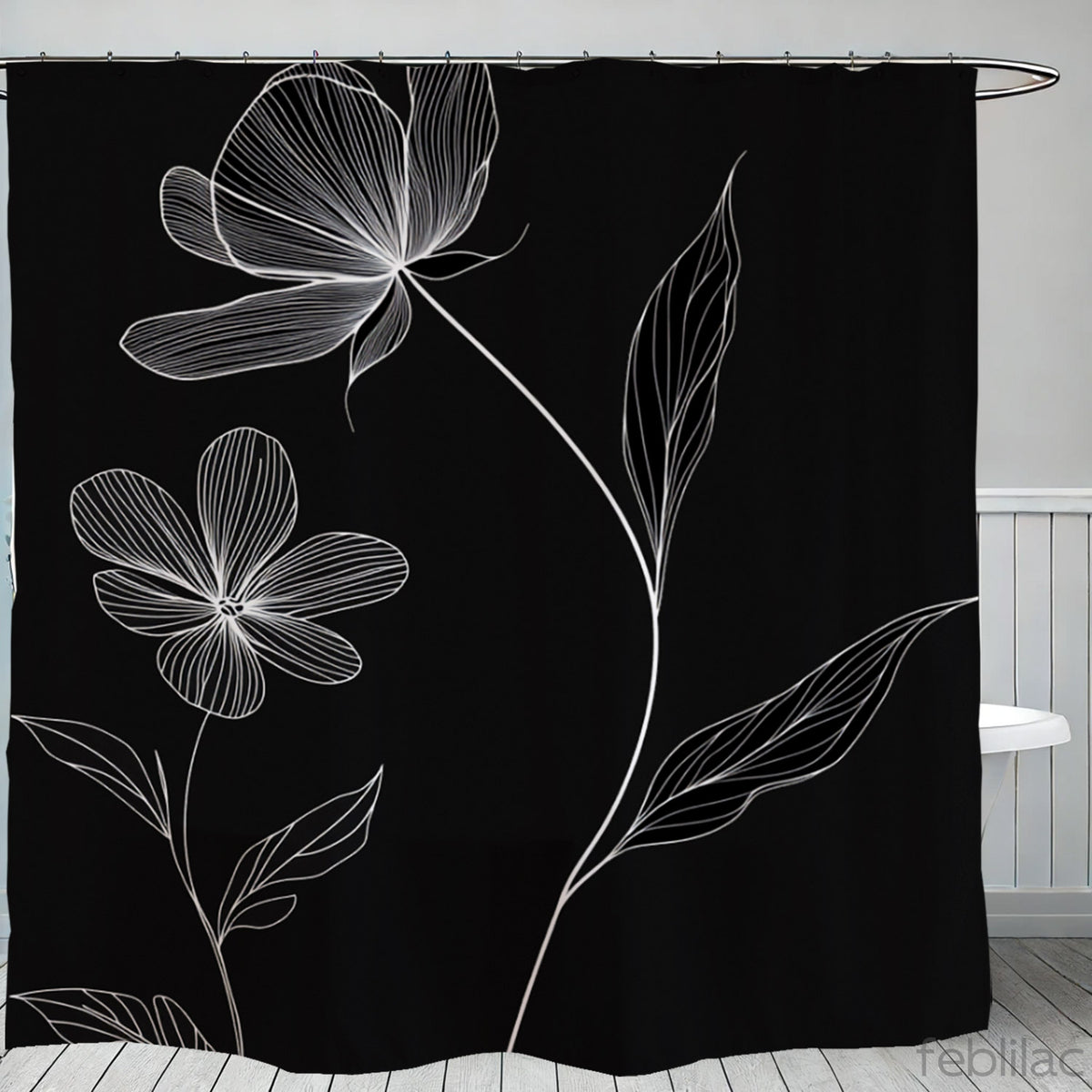 Feblilac Minimal Black and White Flowers shower curtain with a bathtub and folded towels