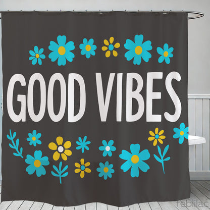 Feblilac Good Vibes Black Background Shower Curtain with Hooks