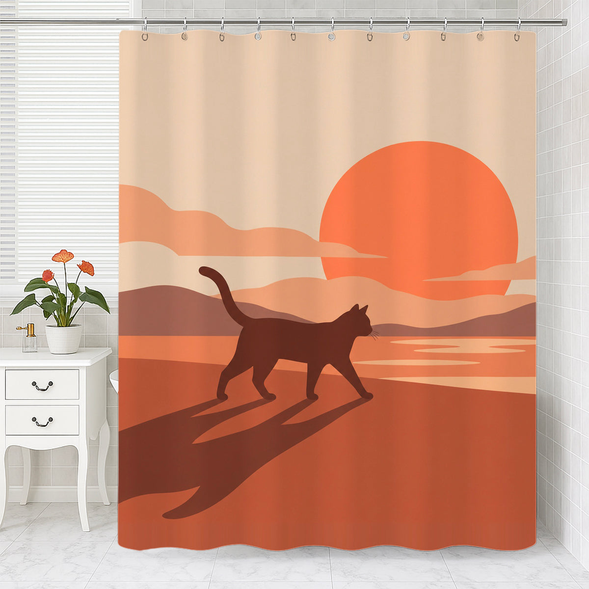 Feblilac Cat Walking at Sunset shower curtain with a bathtub and folded towels