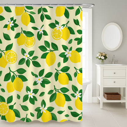 Feblilac Lemon Floral Shower Curtain, Yellow Citrus Fruit Shower Curtain with Green Leaves