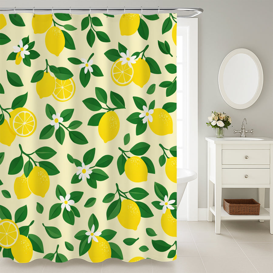 Feblilac Lemon Floral Shower Curtain, Yellow Citrus Fruit Shower Curtain with Green Leaves - view 3