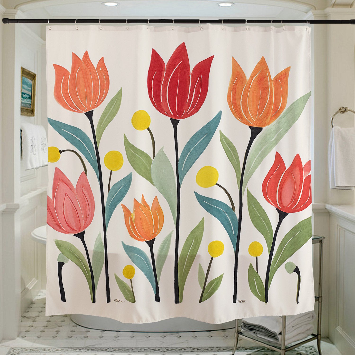 Feblilac Tulips Off-white Background Shower Curtain with Hooks