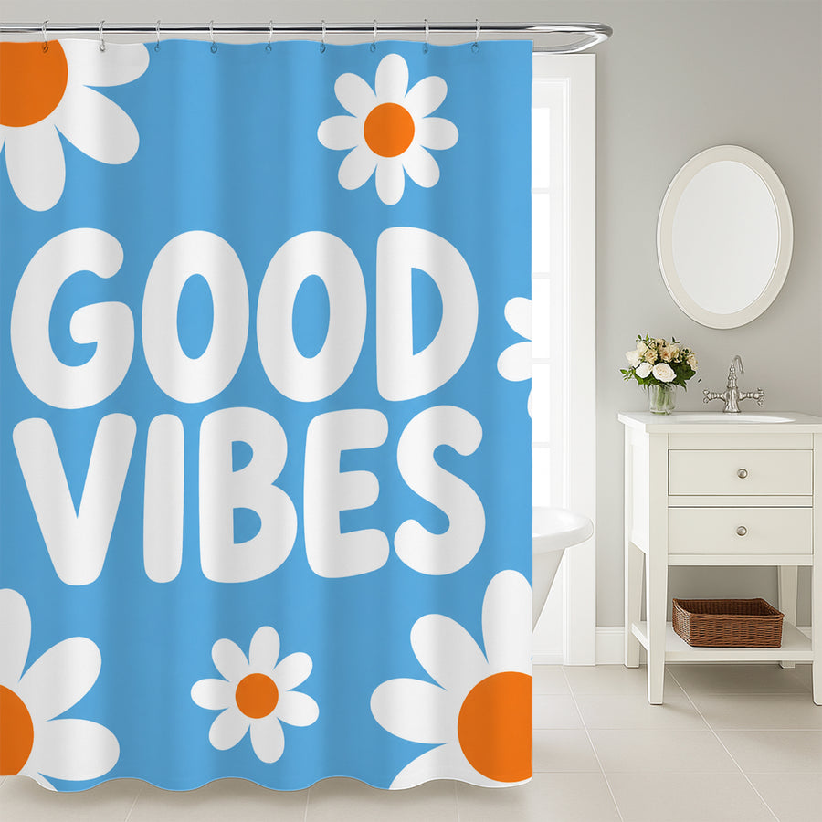 Feblilac Good Vibes Daisy Shower Curtain – Blue Floral Bathroom Curtain - view 3