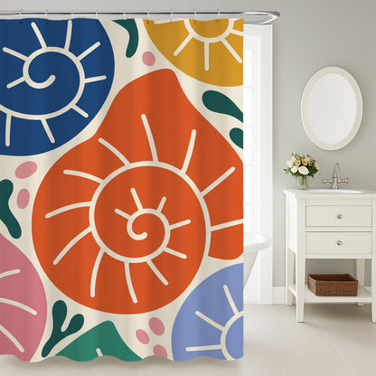 Feblilac Coastal Seashell shower curtain in a modern bathroom with marble tile