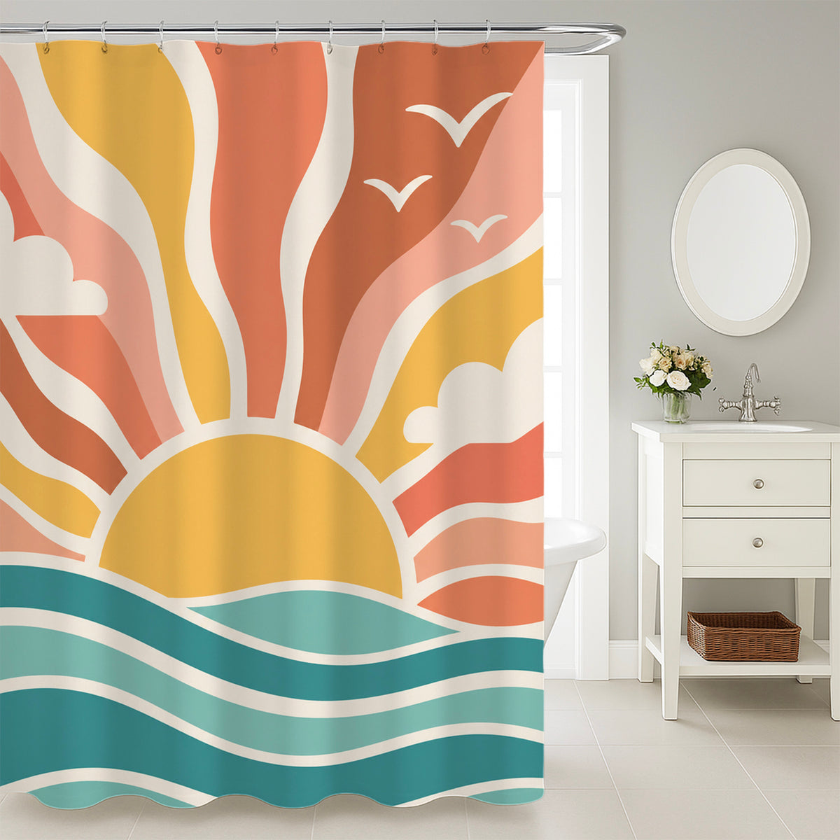 Feblilac Hello Sunshine shower curtain in a modern bathroom with marble tile