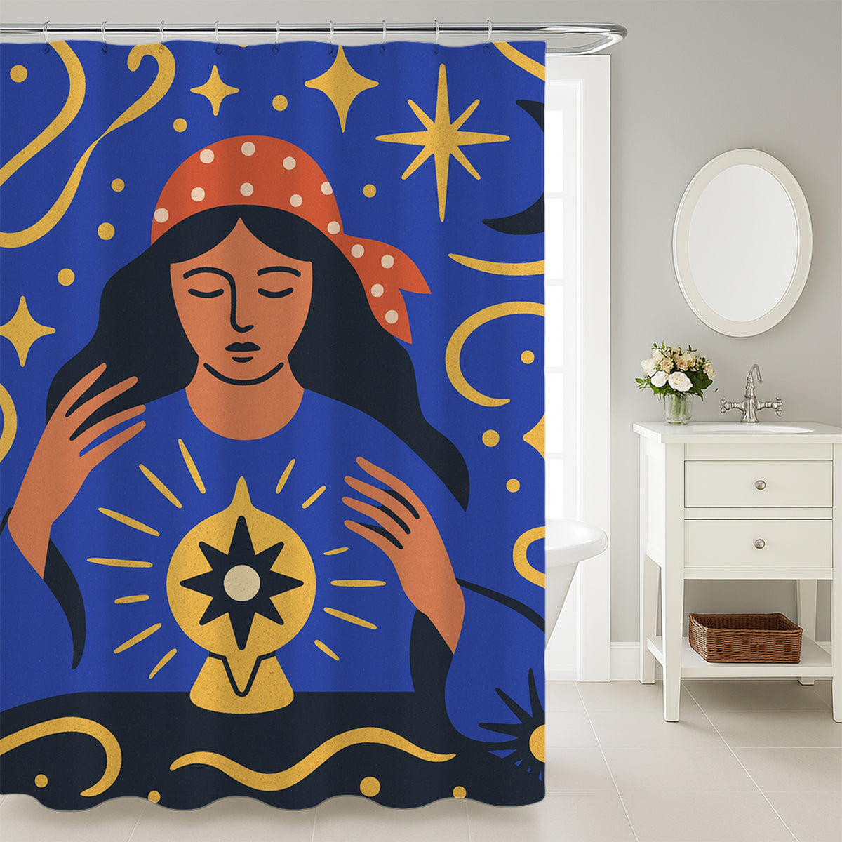 Feblilac Gypsy Under the Stars shower curtain in a modern bathroom with marble tile