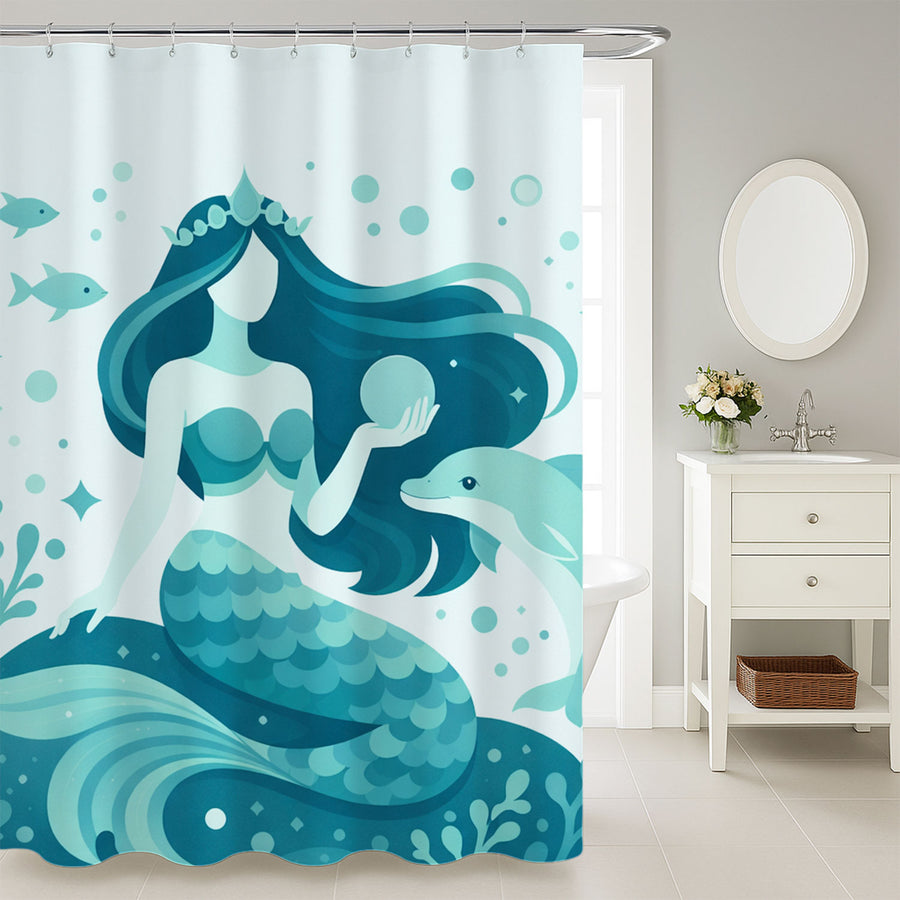 Feblilac Product Title Teal Mermaid Shower Curtain, Ocean Dolphin Bathroom Curtain - view 3