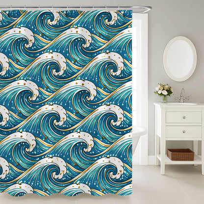 Feblilac Ocean Wave Shower Curtain, Teal Blue Japanese Wave Bathroom Curtain, Coastal Art Waterproof Polyester Curtain