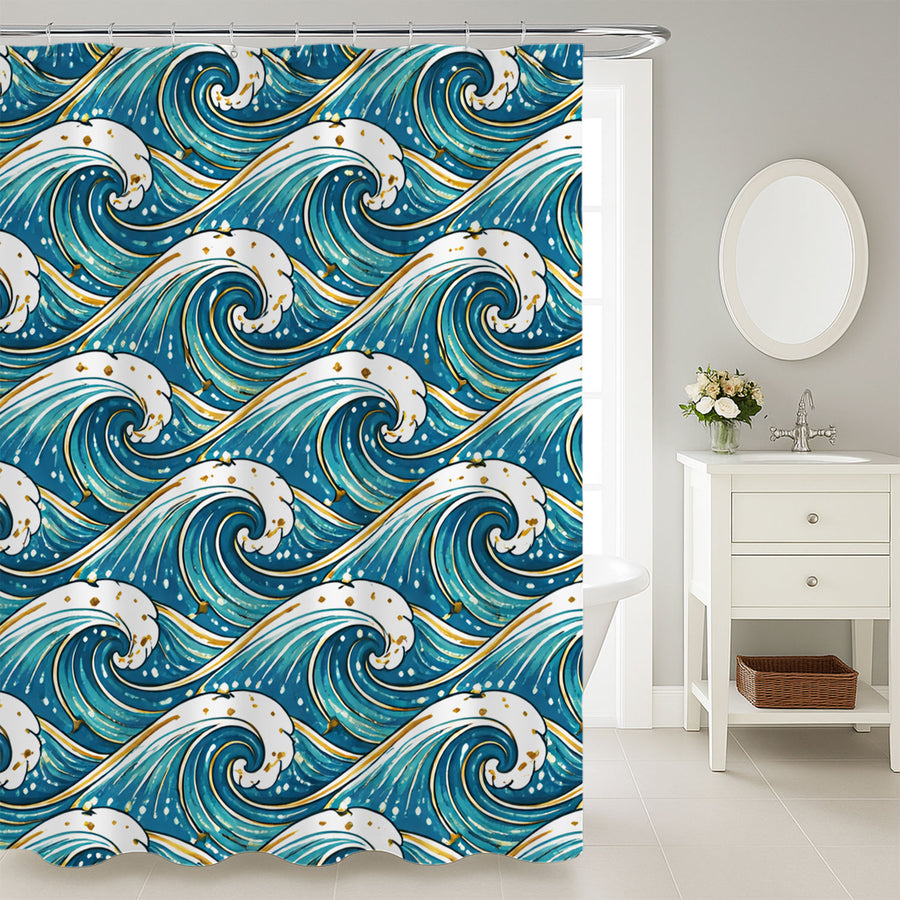 Feblilac Ocean Wave Shower Curtain, Teal Blue Japanese Wave Bathroom Curtain, Coastal Art Waterproof Polyester - view 3