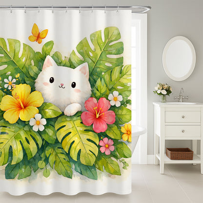 Feblilac Cute White Cat Tropical Leaves Shower Curtain, Watercolor Kitten Floral Bathroom Curtain