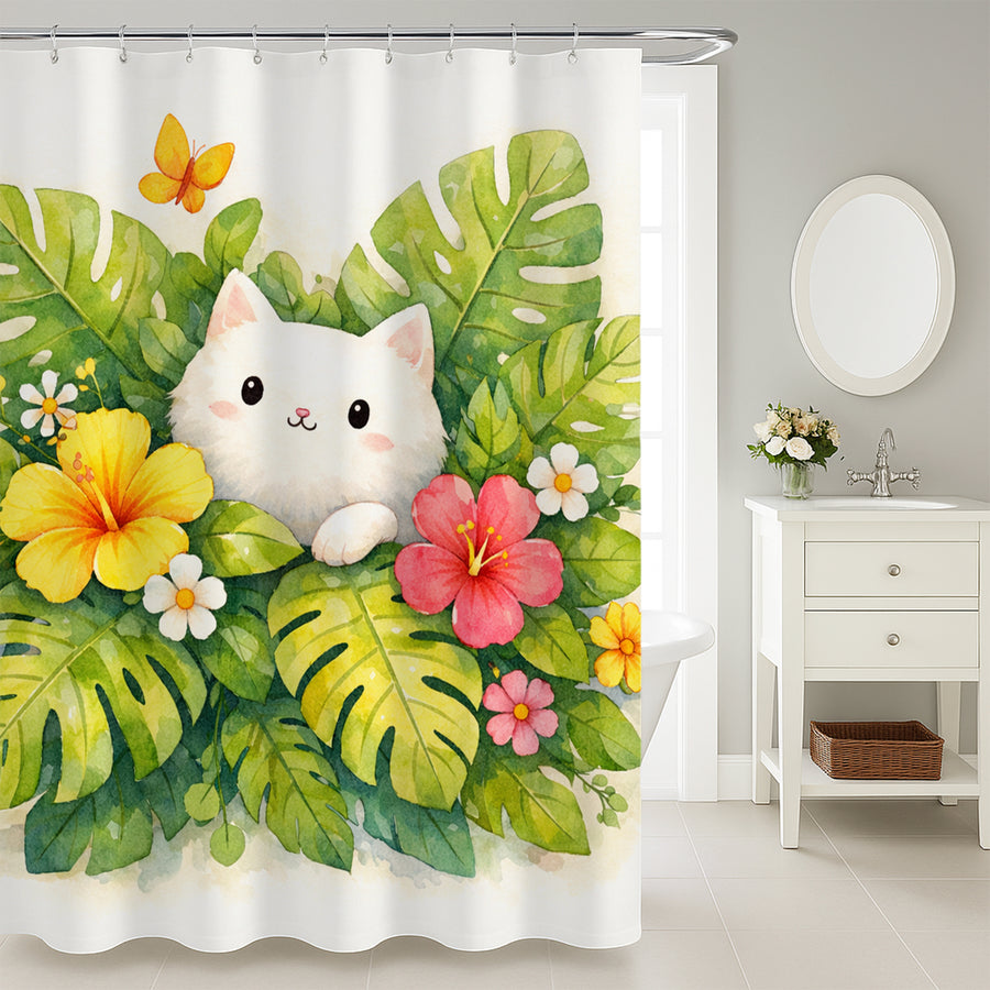 Feblilac Cute White Cat Tropical Leaves Shower Curtain, Watercolor Kitten Floral Bathroom Curtain - view 3