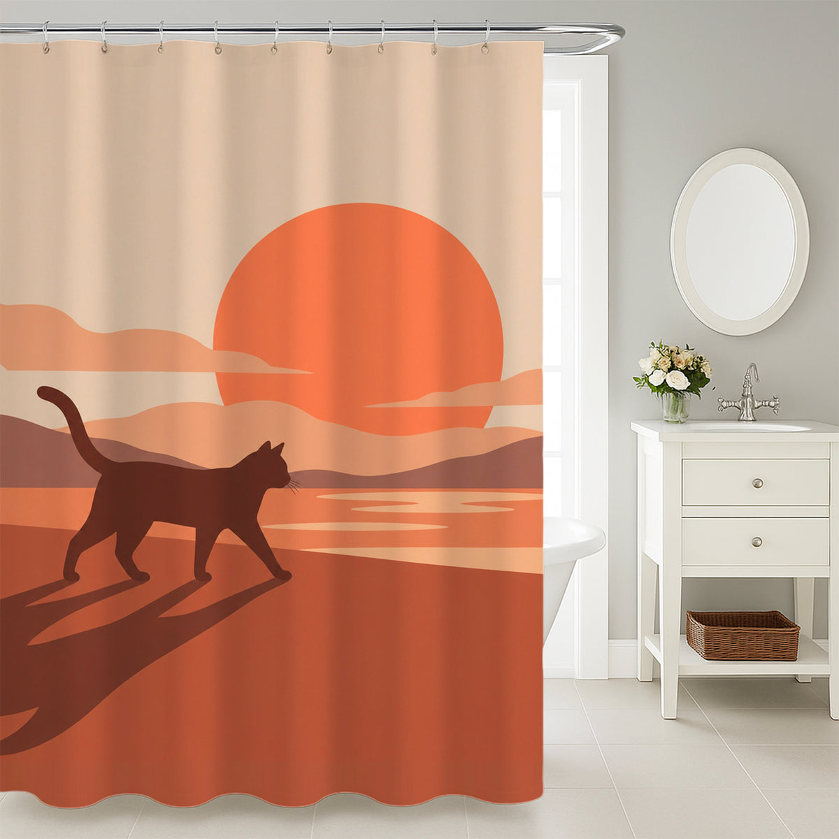Feblilac Cat Walking at Sunset shower curtain in a modern bathroom with marble tile
