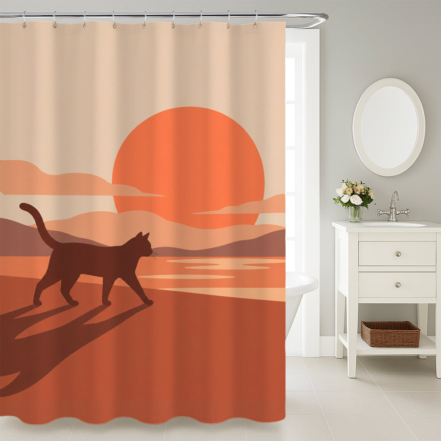 Feblilac Cat Walking at Sunset shower curtain in a modern bathroom with marble tile