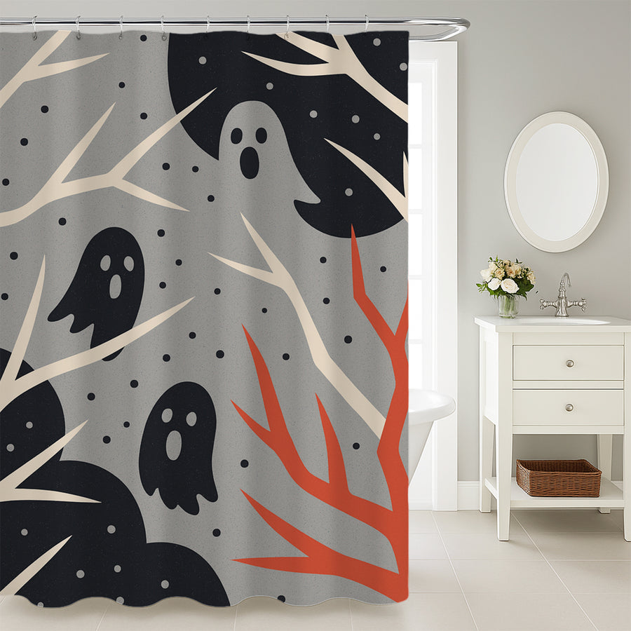 Feblilac Halloween Forest shower curtain in a modern bathroom with marble tile