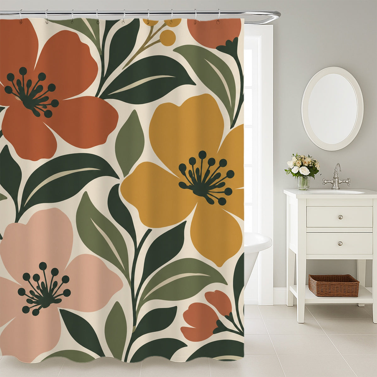 Feblilac Yellow Bloom shower curtain in a modern bathroom with marble tile