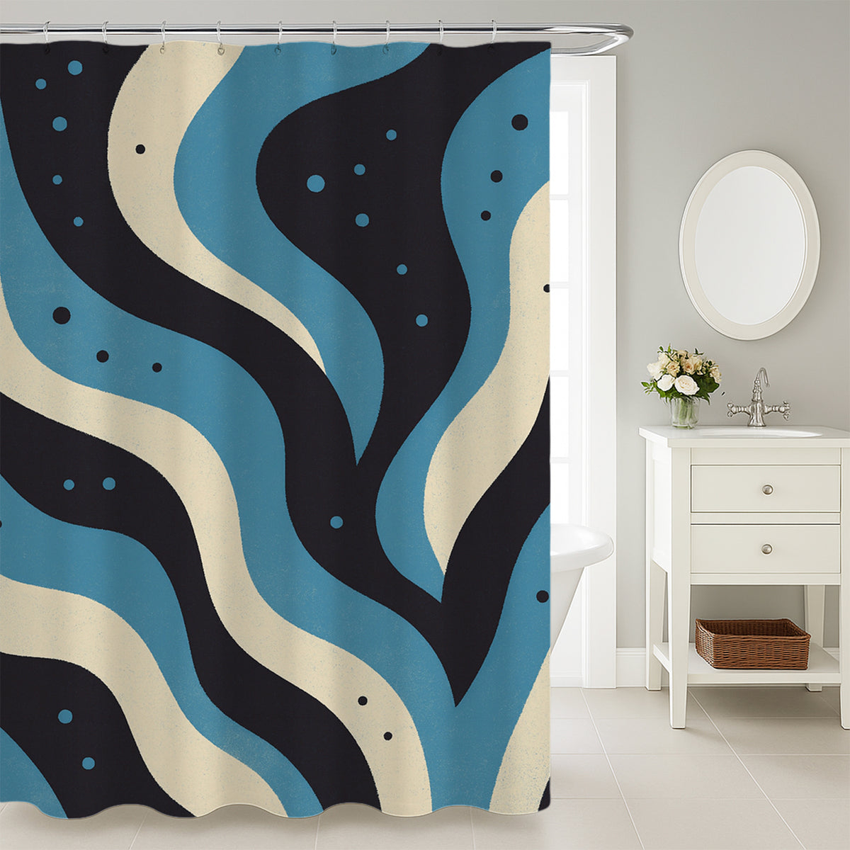 Feblilac Blue Black Smoke shower curtain in a modern bathroom with marble tile